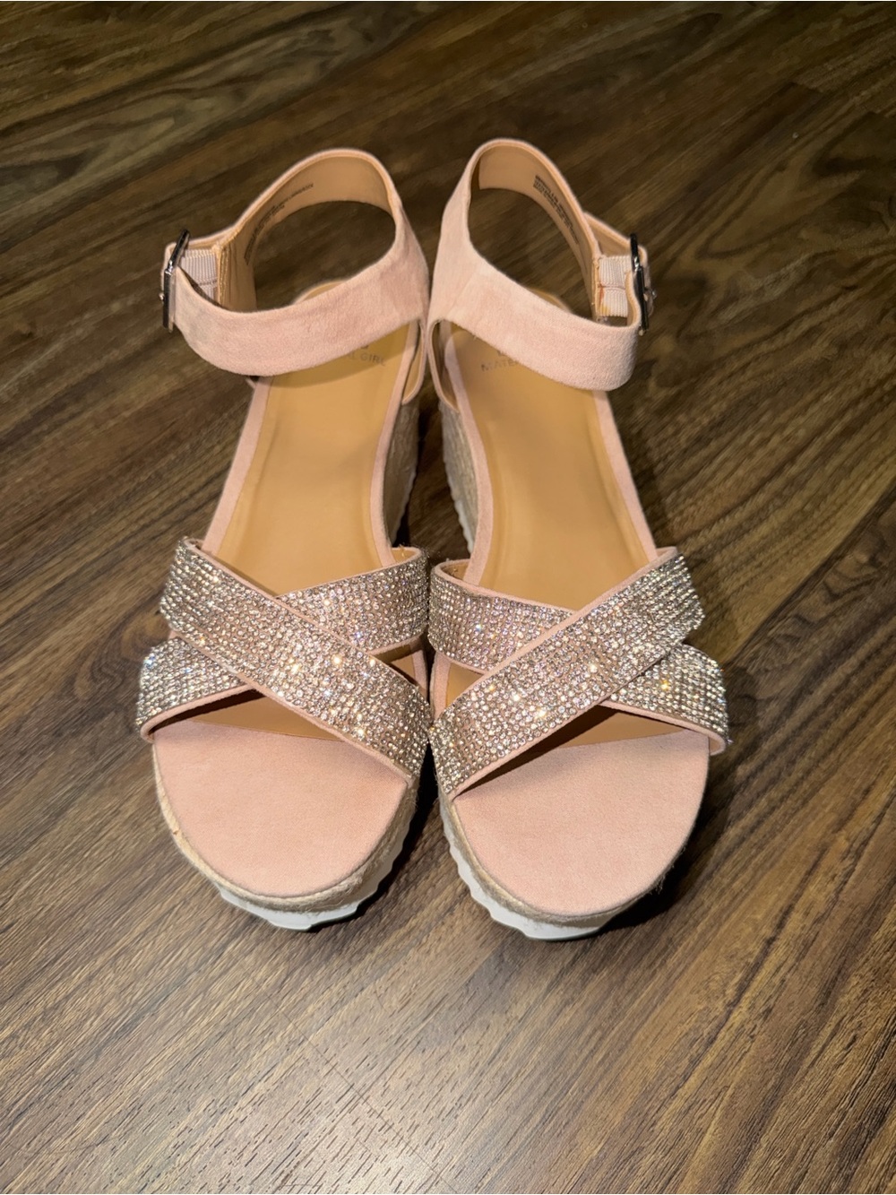Material Girl Blush Pink Rhinestone Crisscross Wedge Sandals